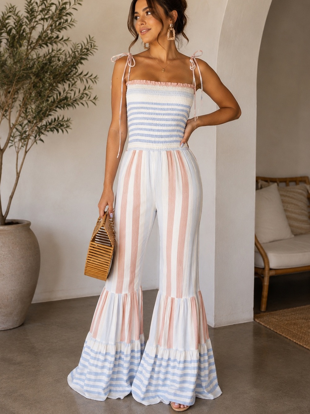 . The Sky’s The Limit Wide Leg Striped Tie Boho Jumpsuit